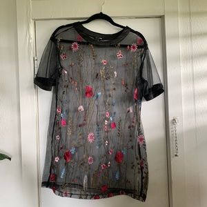 Floral Embroidery Mesh Oversized Tee